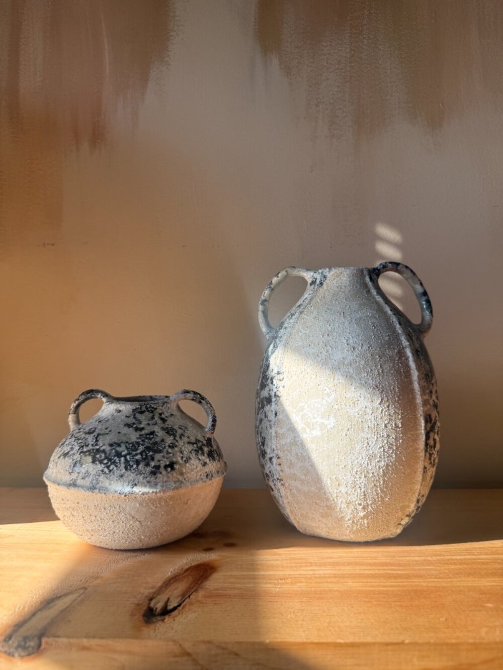Anthropologie Textured Twin Handle Ceramic Vase Set | Black White Pair